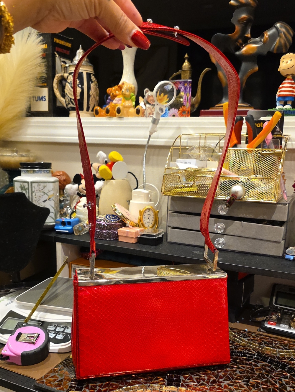 Charles Jourdan Red Structured Shoulder Bag with Silver Trim